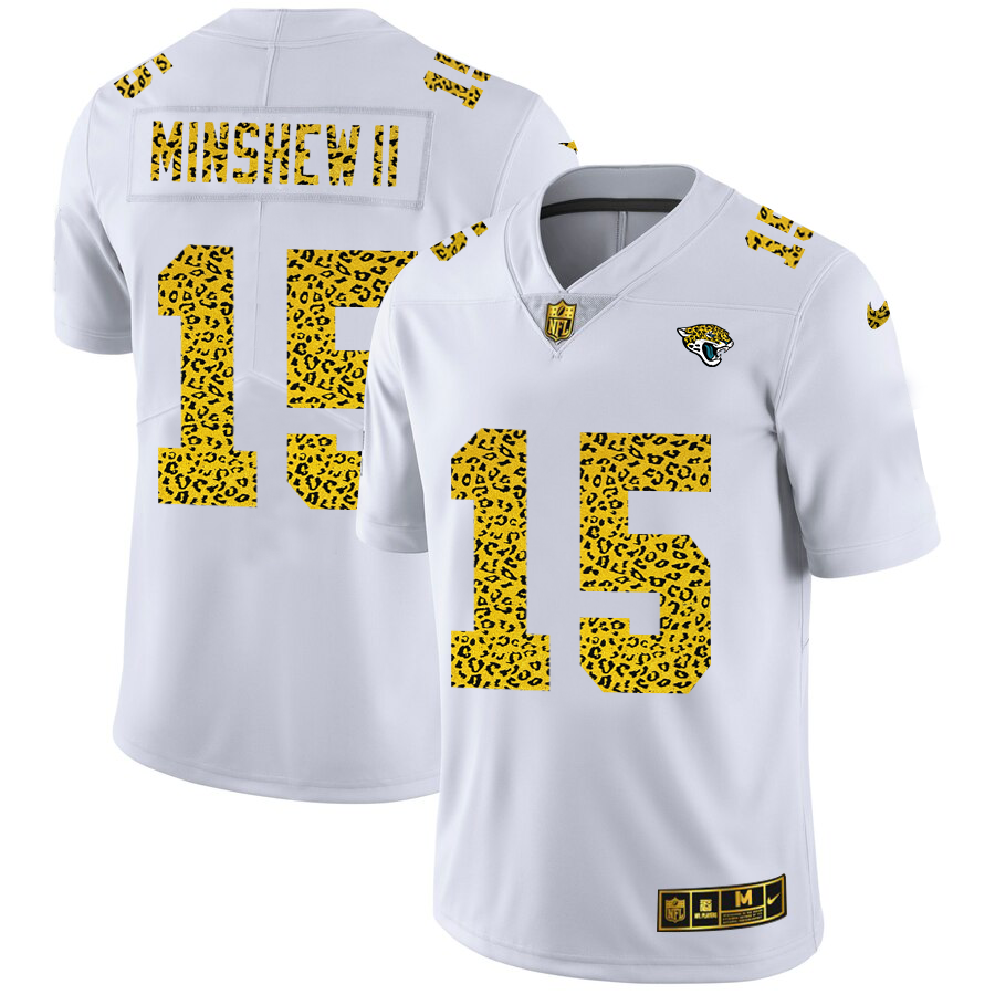 Custom Jacksonville Jaguars 15 Gardner Minshew II Men Nike Flocked Leopard Print Vapor Limited NFL Jersey White